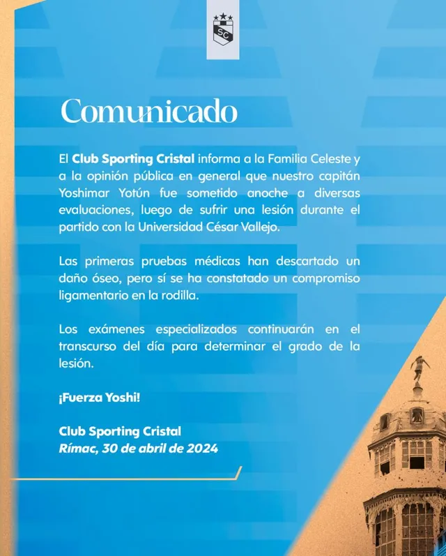 Comunicado de Sporting Cristal sobre lesión de Yotún 