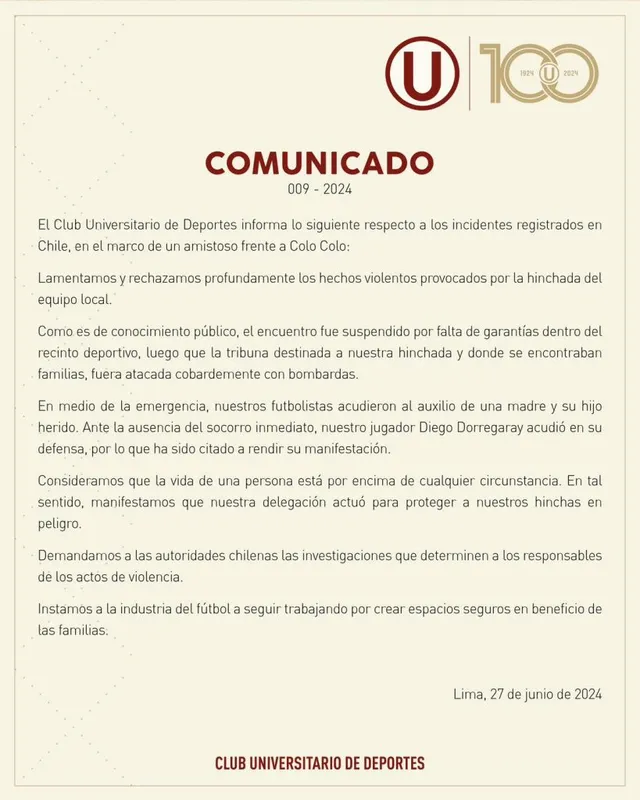 Comunicado de Universitario sobre los hechos de violencia en Santiago