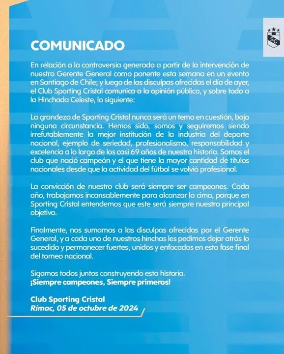 Cominicado de disculpas tras declaraciones de CEO &#8211; Foto: Sporting Cristal 