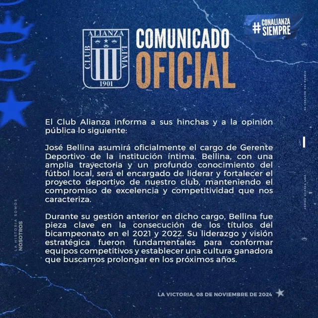 Comunicado sobre José Bellina &#8211; Foto: Alianza Lima