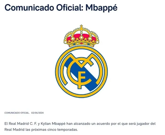 Comunicado del Real Madrid oficializando a Mbappe &#8211; Foto: Real Madrid