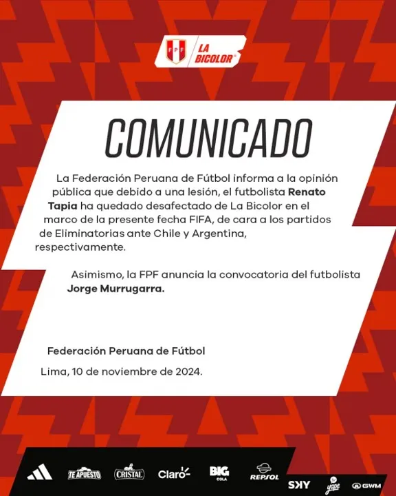 Comunicado sobre Renato Tapia &#8211; Foto: FPF