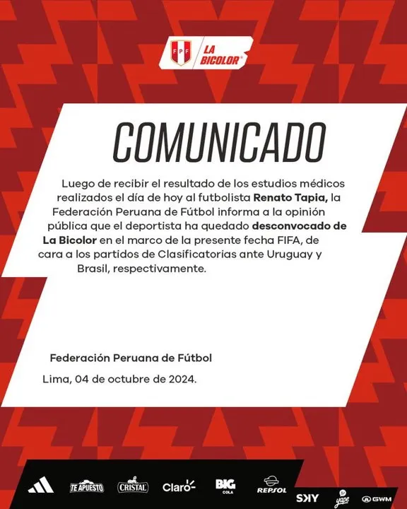 Comunicado sobre desconvocatoria de Renato Tapia &#8211; Foto: FPF