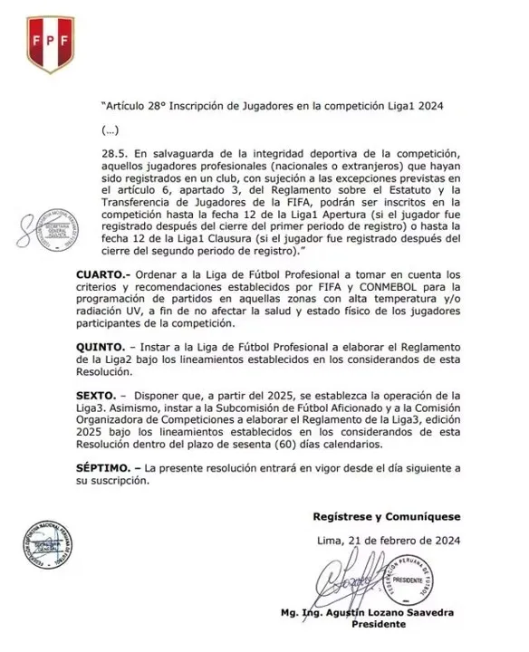 Comunicado de la FPF sobre cambios en la Liga1.