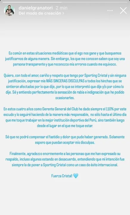 Comunicado de Daniel Graña, CEO de Sporting Cristal 