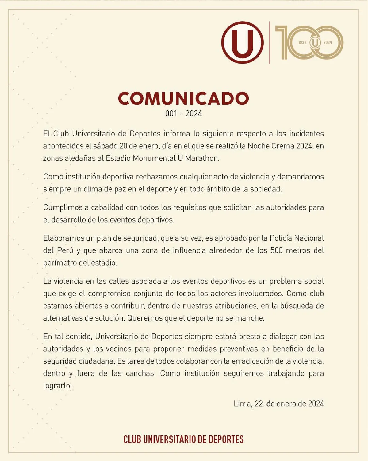 Universitario emitió un comunicado condenando el vandalismo en las calles de ATE en ‘Noche Crema’