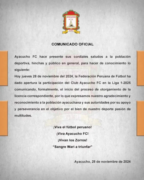 Comunicado de Ayacucho FC 