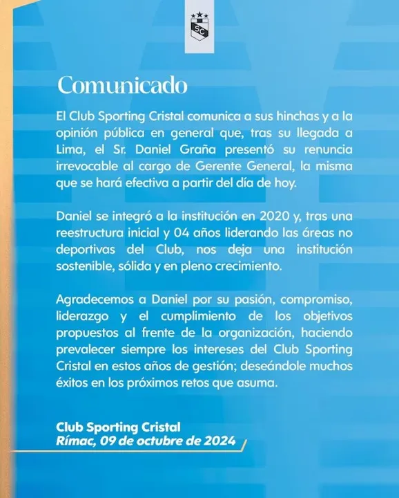 Comunicado sobre renuncia de Daniel Graña &#8211; Foto: Sporting Cristal