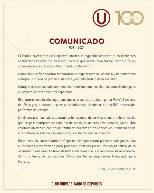 Universitario emitió un comunicado condenando el vandalismo en las calles de ATE en ‘Noche Crema’