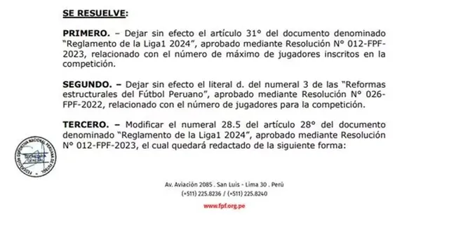 Comunicado de la FPF sobre cambios en la Liga1.