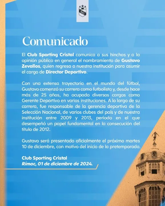 Anuncio oficial de llegada de Gustavo Zevallos &#8211; Foto: Sporting Cristal.