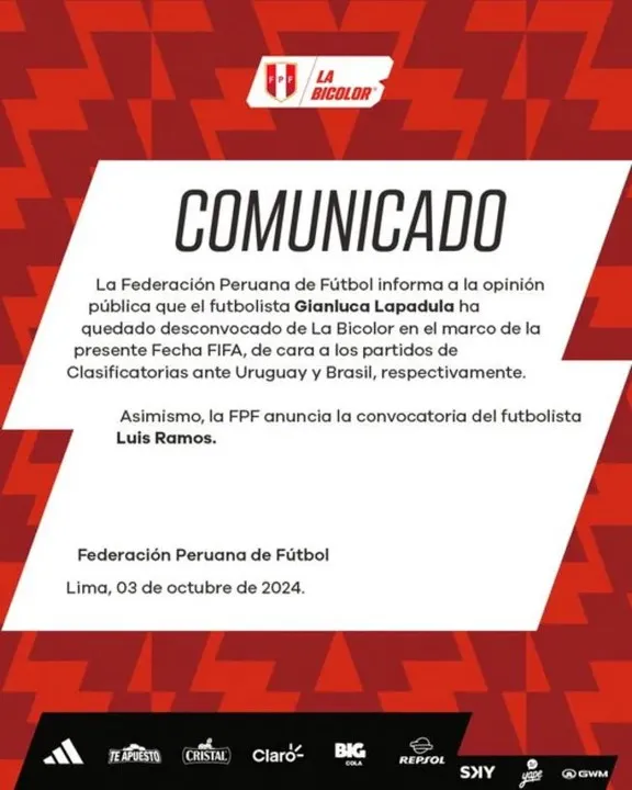 Comunicado sobre la baja de Lapadula &#8211; Foto: FPF