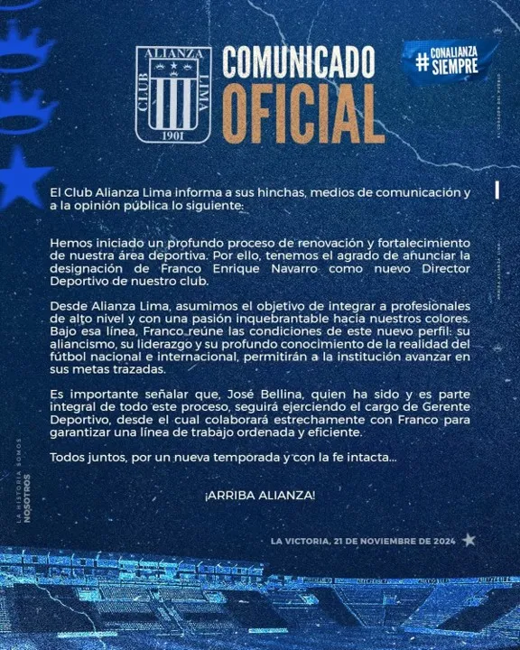Comunicado de Alianza Lima sobre Franco Navarro &#8211; Foto Alianza Lima