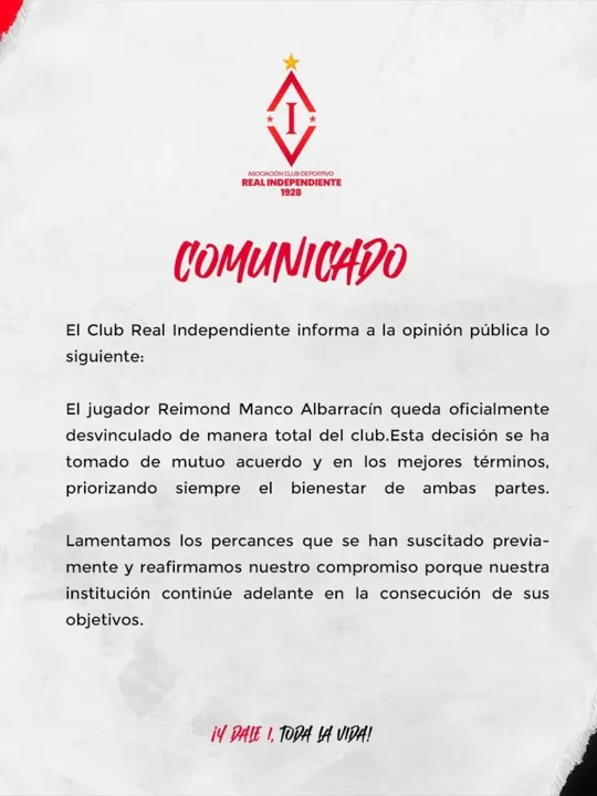 Comunicado de Real Independiente sobre salida de Manco. 