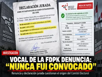 Declaración jurada de Jimmy Cáceres y constancia de Mesa de Partes del IPD sobre su renuncia al Grupo de Trabajo de la FDPK