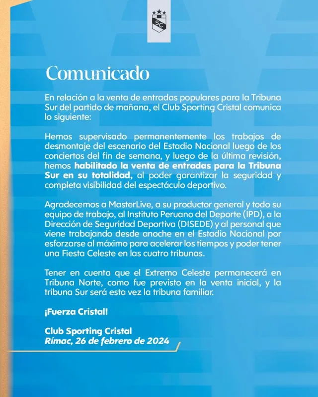 Comunicado de Sporting Cristal &#8211; Foto: Sporting Cristal